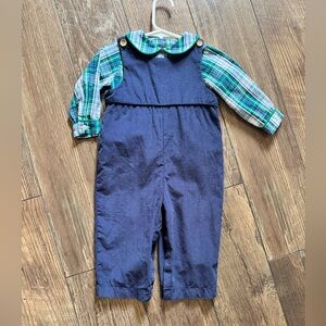 Little English Navy Overalls with Plaid Shirt